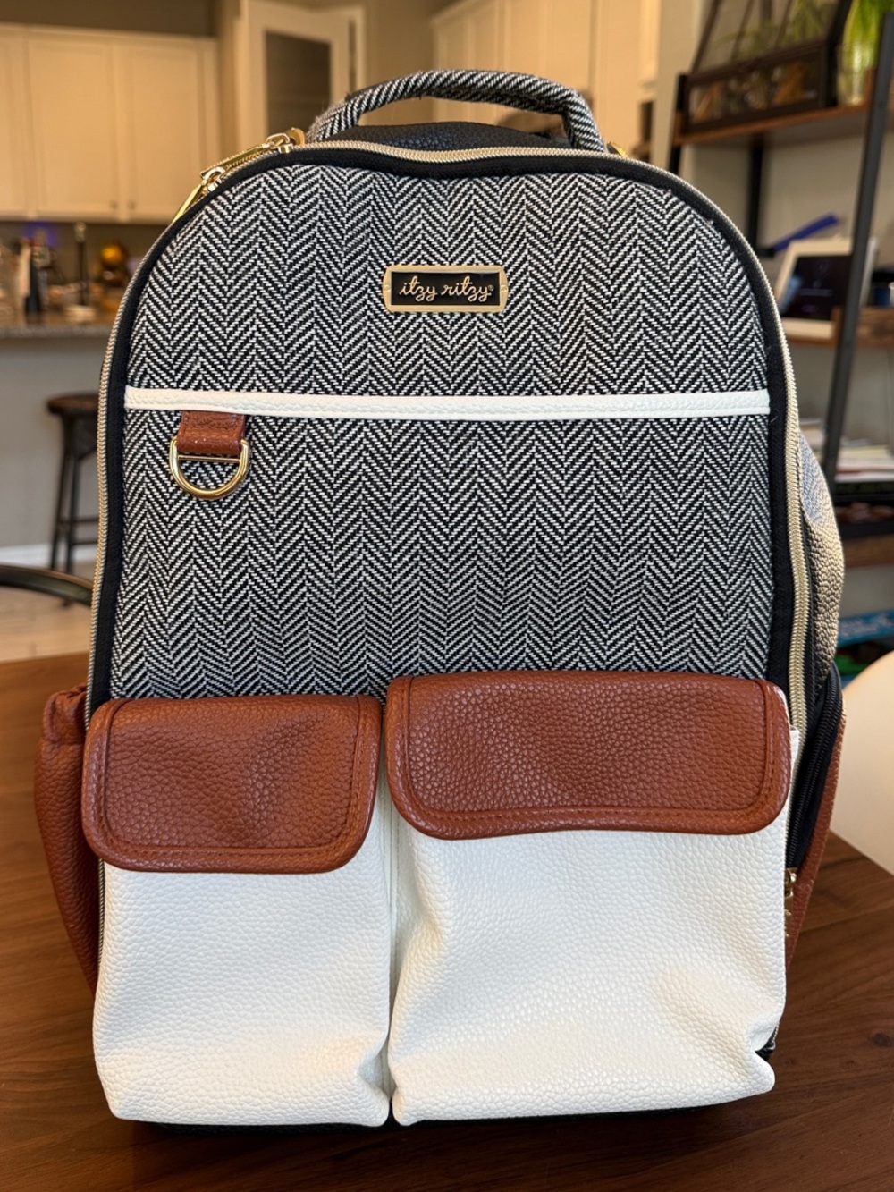 Itzy Ritzy Boss Plus Diaper Bag with Black & White Herringbone, Brown Accents